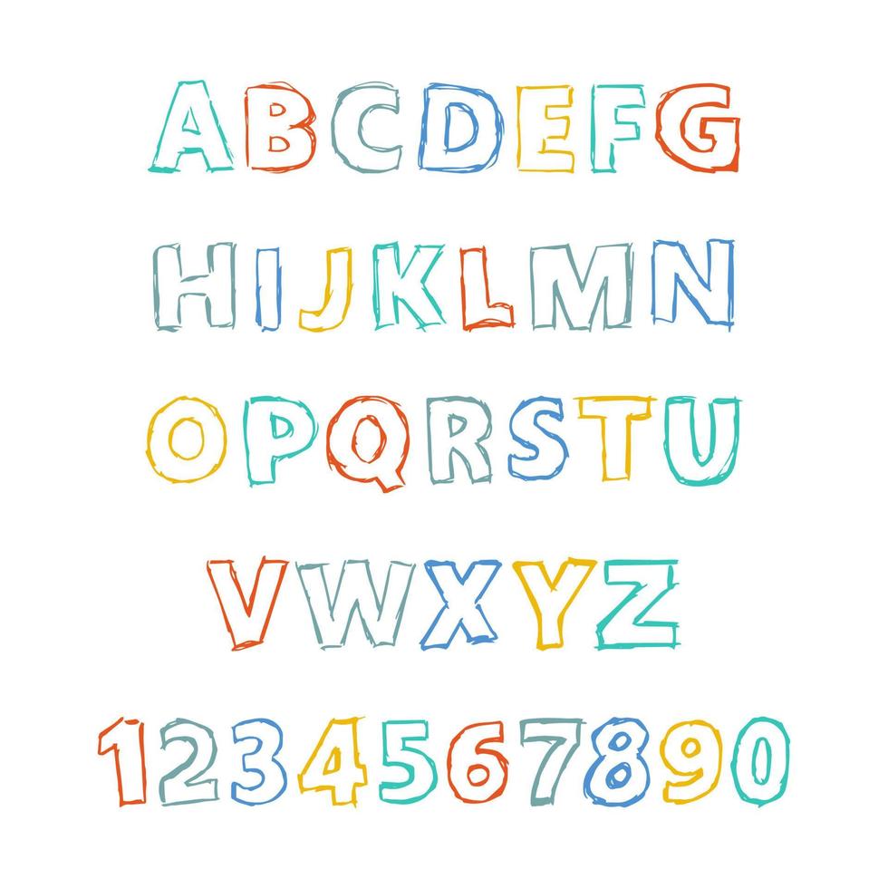letras e números do alfabeto latino desenhados à mão. fonte moderna maiúscula e tipo de letra. símbolos multicoloridos em fundo branco. ilustração vetorial. vetor