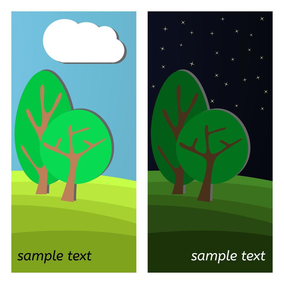 duas árvores. dia e noite em uma clareira na floresta. vetor