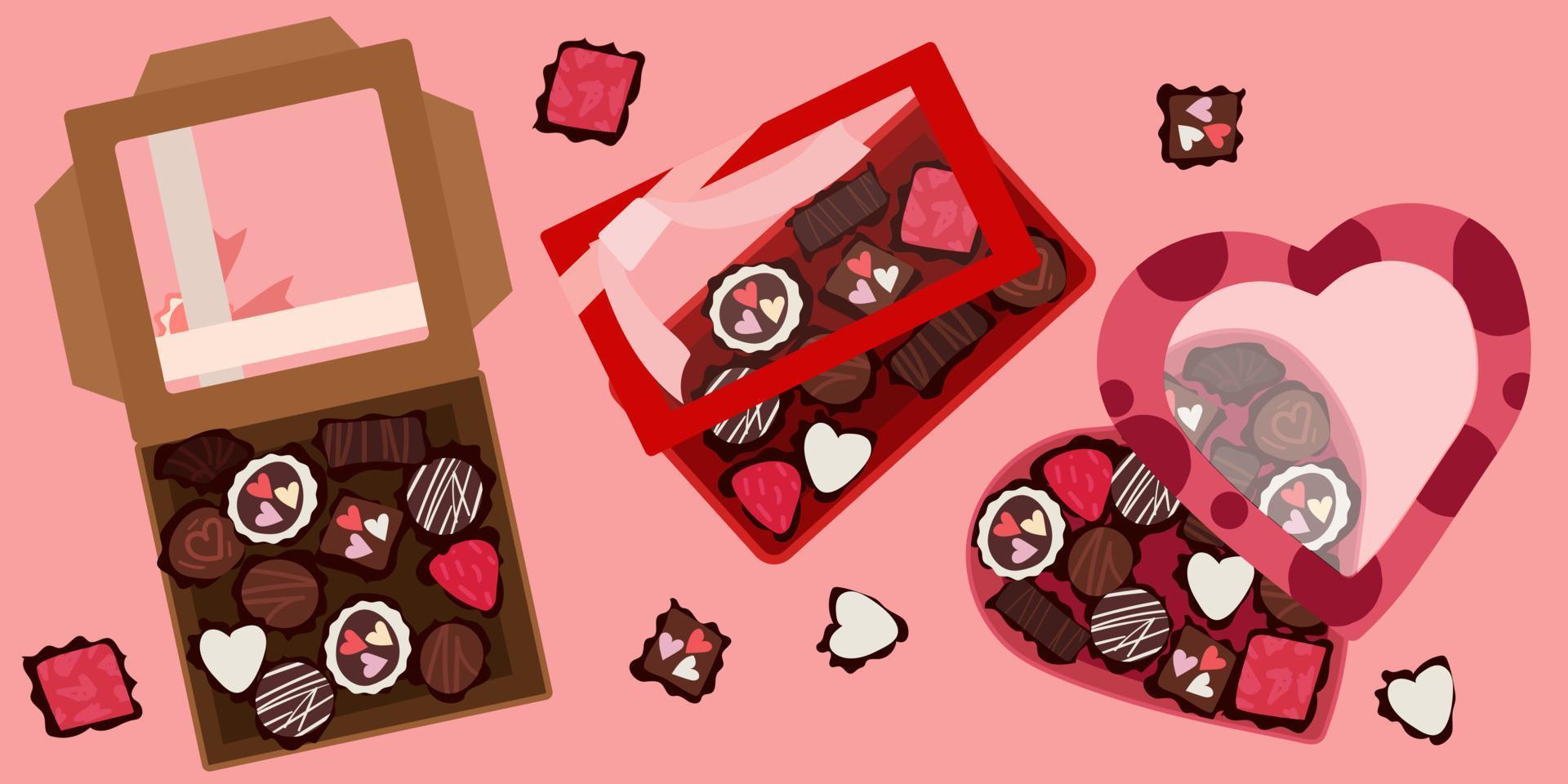 um conjunto de caixas de chocolates em um fundo rosa. uma caixa em forma de coração, um quadrado e um retângulo. vários tipos de caixas para um lindo presente para dia dos namorados, dia das mães, aniversário. vetor