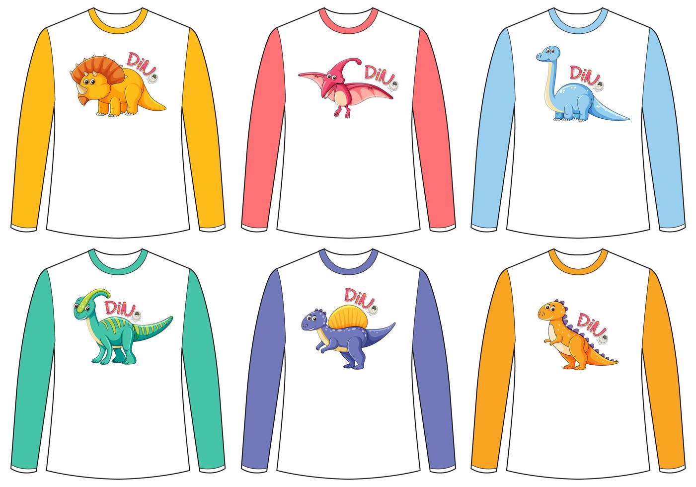 conjunto de tela de dinossauro com cores diferentes em camiseta de manga longa vetor