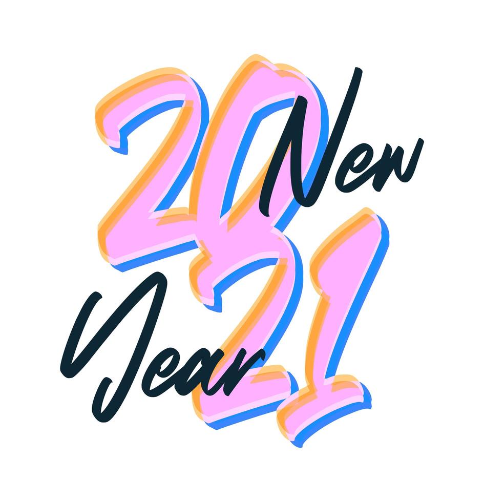 desenhado à mão texto colorido de ano novo de 2021 vetor
