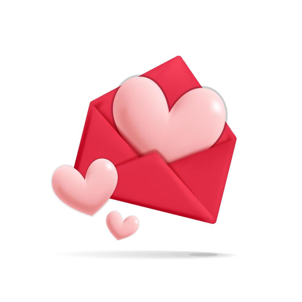 desenho vetorial 3D render amor romântico presente de dia dos namorados carta de correio de envelope vermelho com design de maquete de ícone de formas de coração rosa vetor