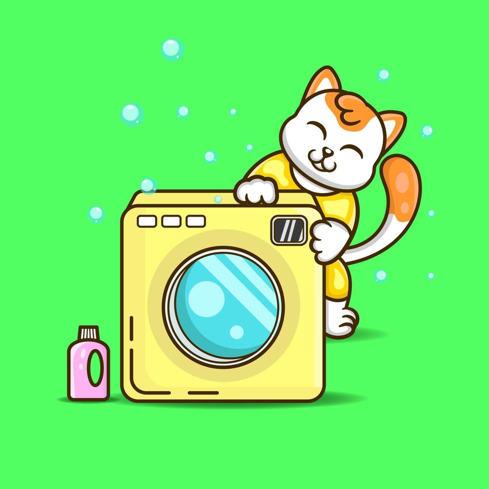 gato bonito com máquina de lavar. mascote lavanderia. tempo de lavagem. ícone de lavanderia. logotipo da lavanderia. vetor