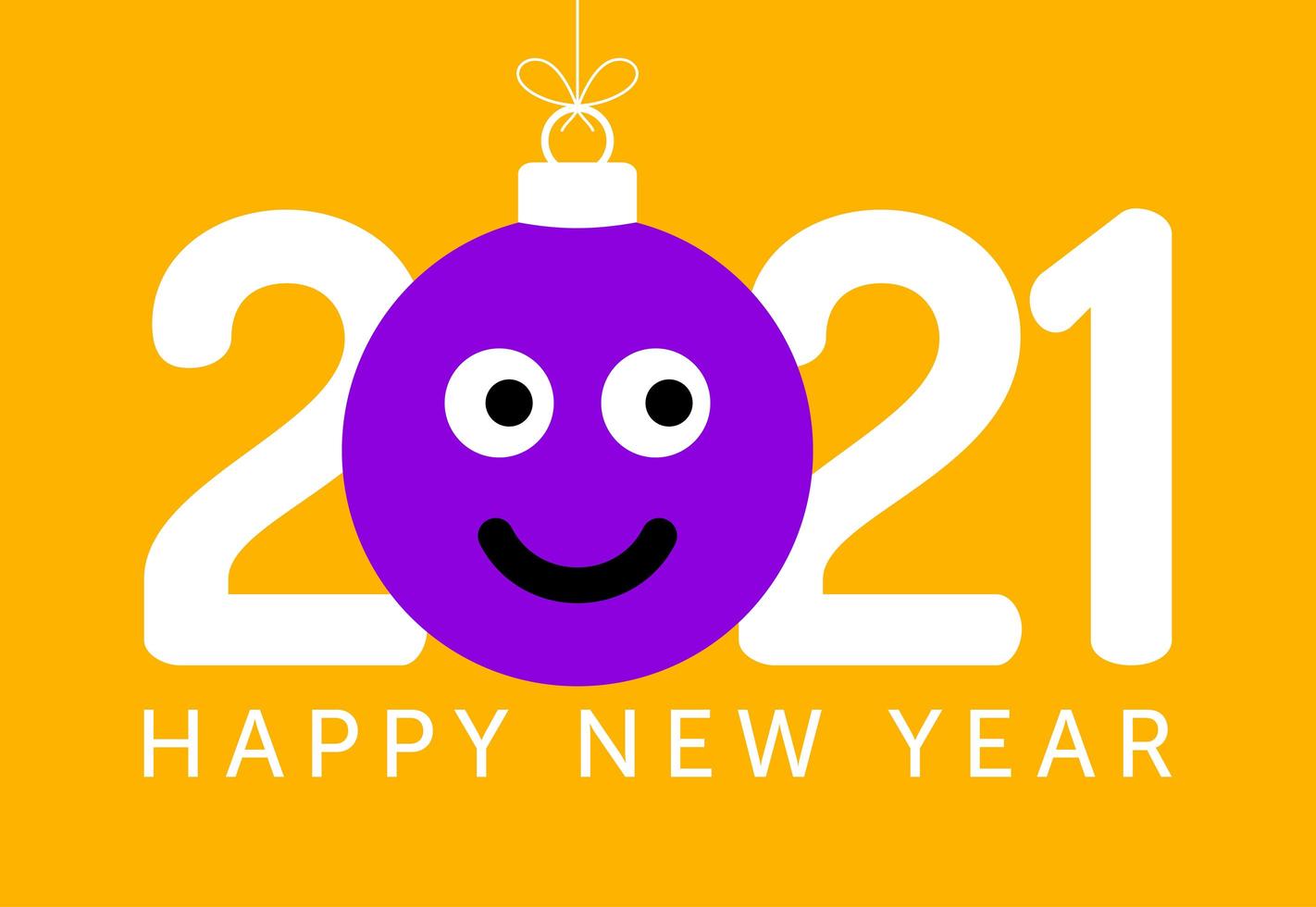 2021 saudação de ano novo com ornamento sorridente de rosto emoji vetor