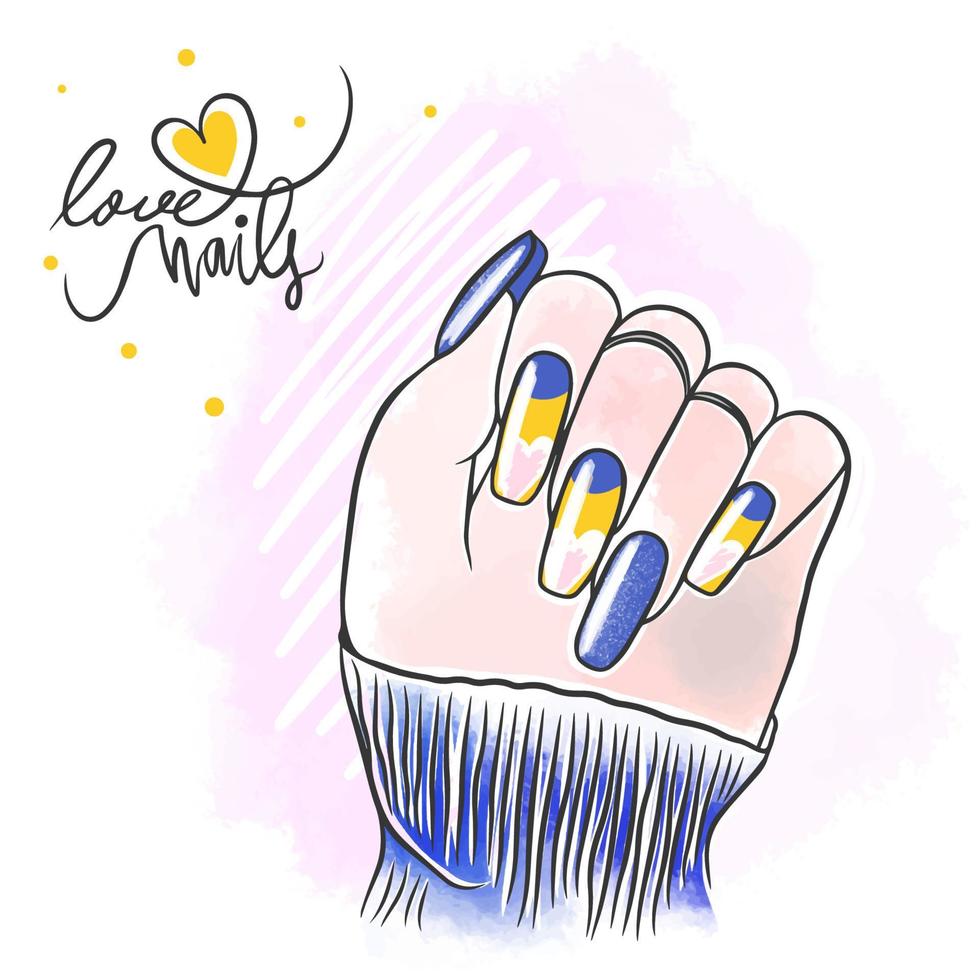 adorável design de unhas, unhas compridas de cor amarela azul, unhas de amor, manicure vetor