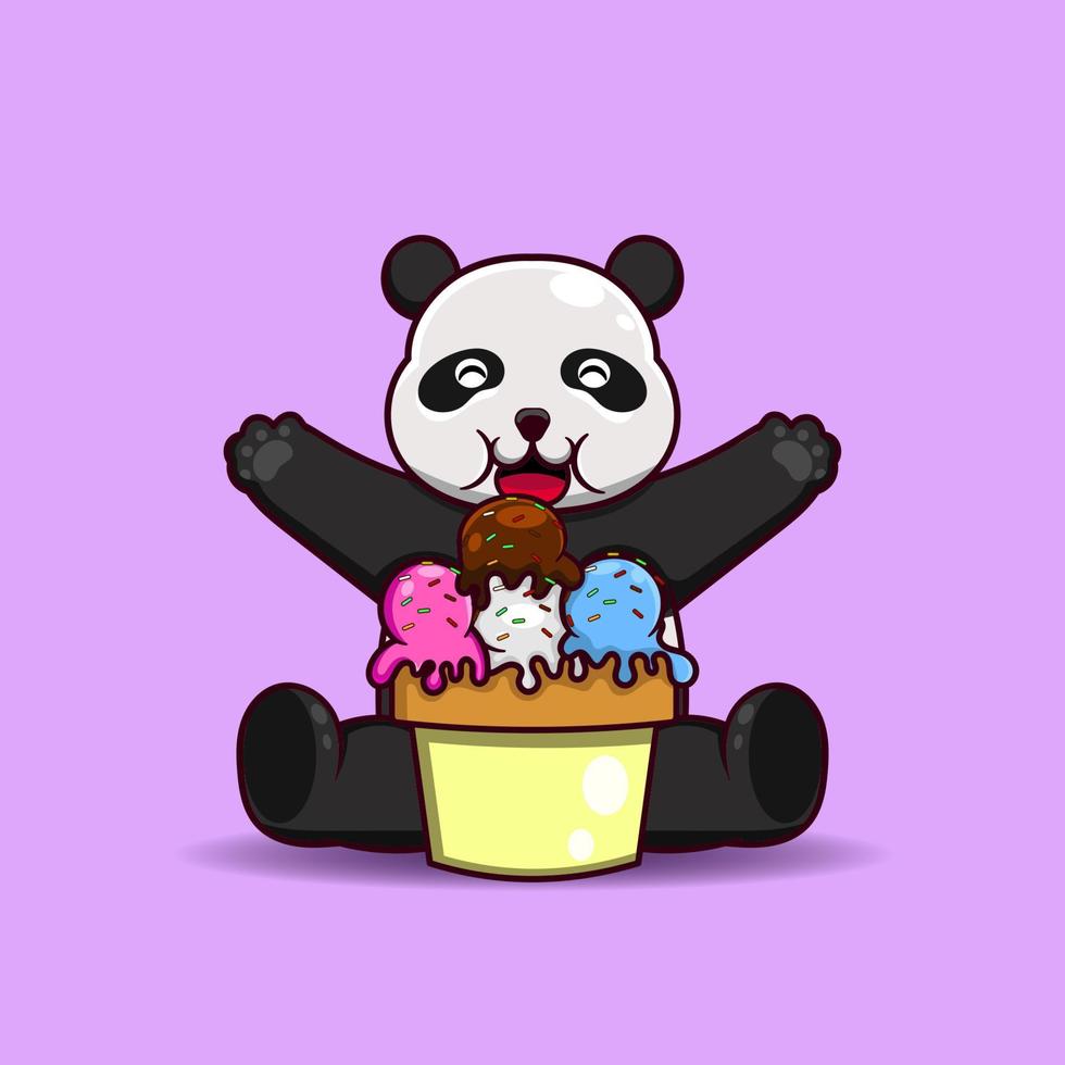 panda fofo sendo feliz com uma cesta de sorvete vetor