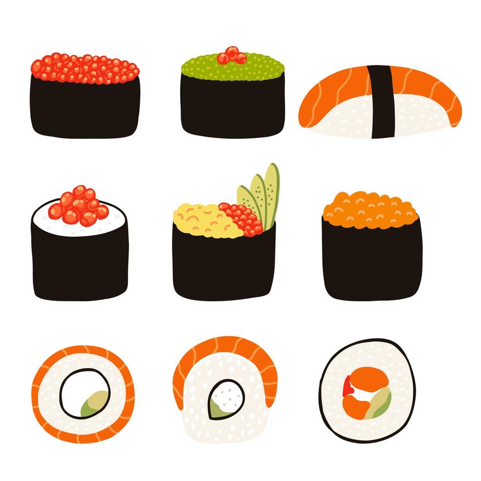 sushi definido em estilo simples de desenho animado. ilustração vetorial desenhada à mão da cozinha tradicional japonesa. vetor
