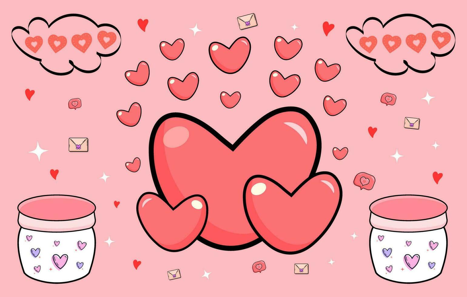 conjunto de elementos adoráveis do dia dos namorados, coração fofo para design, objeto de forma de amor fundo rosa dos desenhos animados vetor