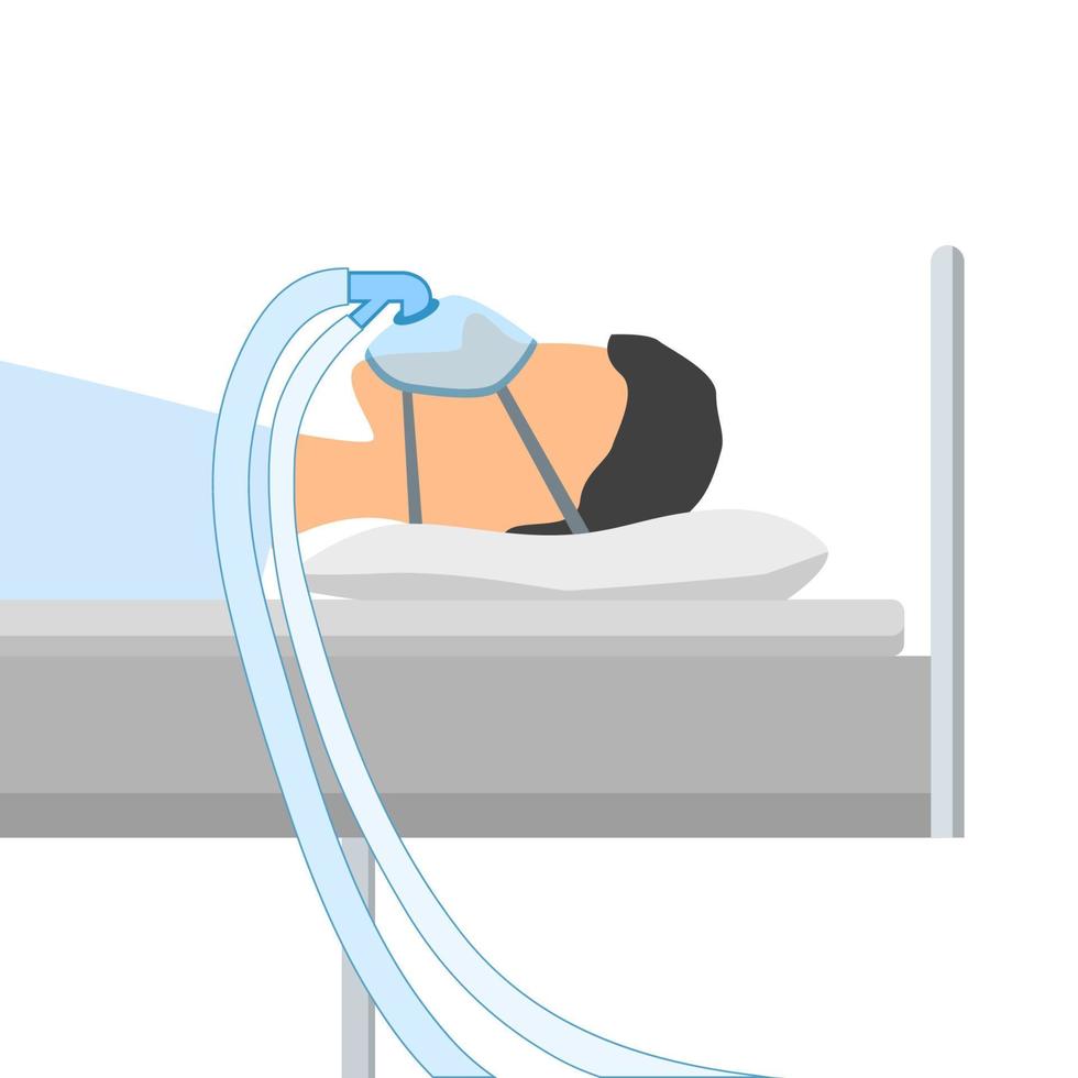 um homem está deitado em uma cama com uma máscara para ventilação artificial dos pulmões da doença de coronavírus. cpap. máscara de oxigênio com dois tubos. ilustração plana dos desenhos animados. vetor isolado eps10.