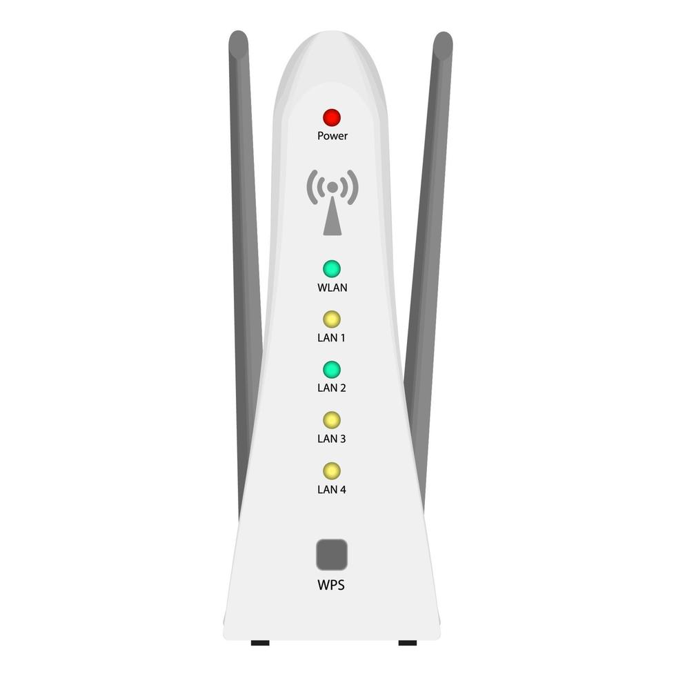 roteador wi-fi vertical branco com duas antenas isoladas em branco. leds em cores diferentes e um botão wps para configurar a conexão. vetor eps 10.