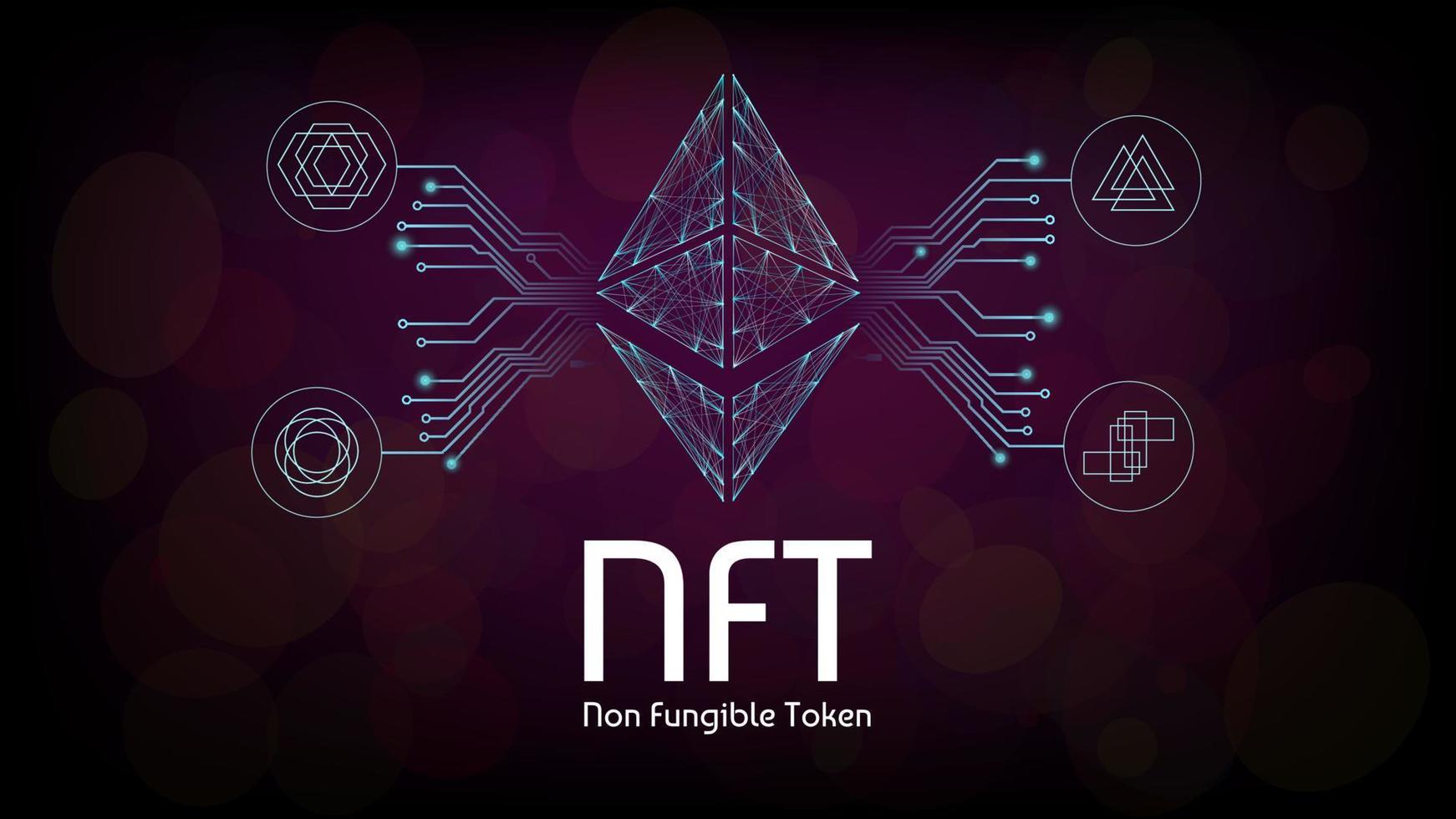 infográficos de tokens não fungíveis nft com faixas pcb e tokens diferentes em fundo escuro. pague por itens colecionáveis exclusivos em jogos ou arte. ilustração vetorial. vetor