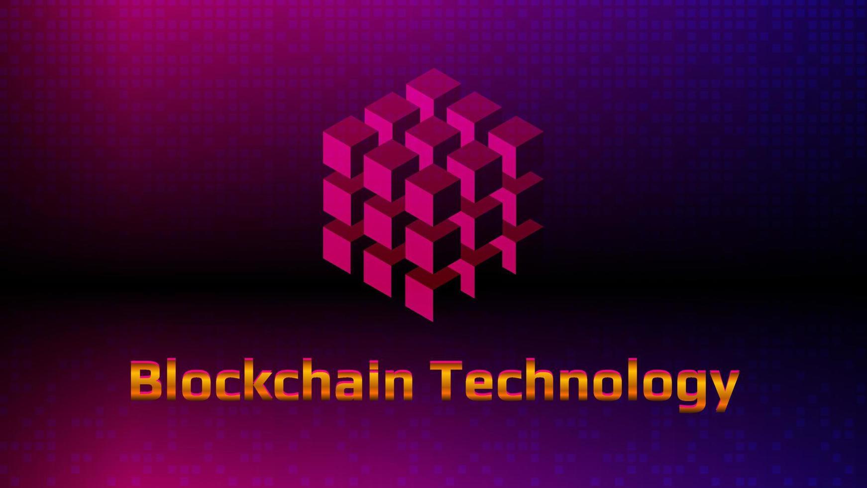 tecnologia blockchain de letras douradas com cubo digital em fundo roxo bonito. modelo futurista para tecnologias digitais. elemento de design. layout para banner ou site. vetor eps10.