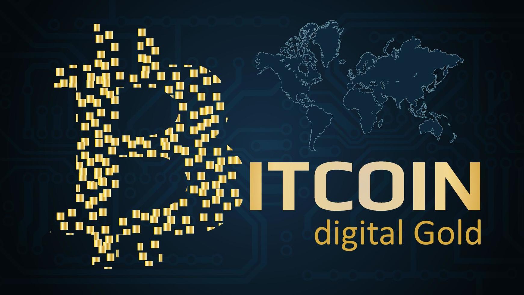 texto bitcoin ouro digital escrito na cor ouro em um fundo escuro. logotipo bitcoin feito de blocos dourados. placa de circuito e mapa do mundo no fundo. para sites, notícias e artigos. vetor eps 10.