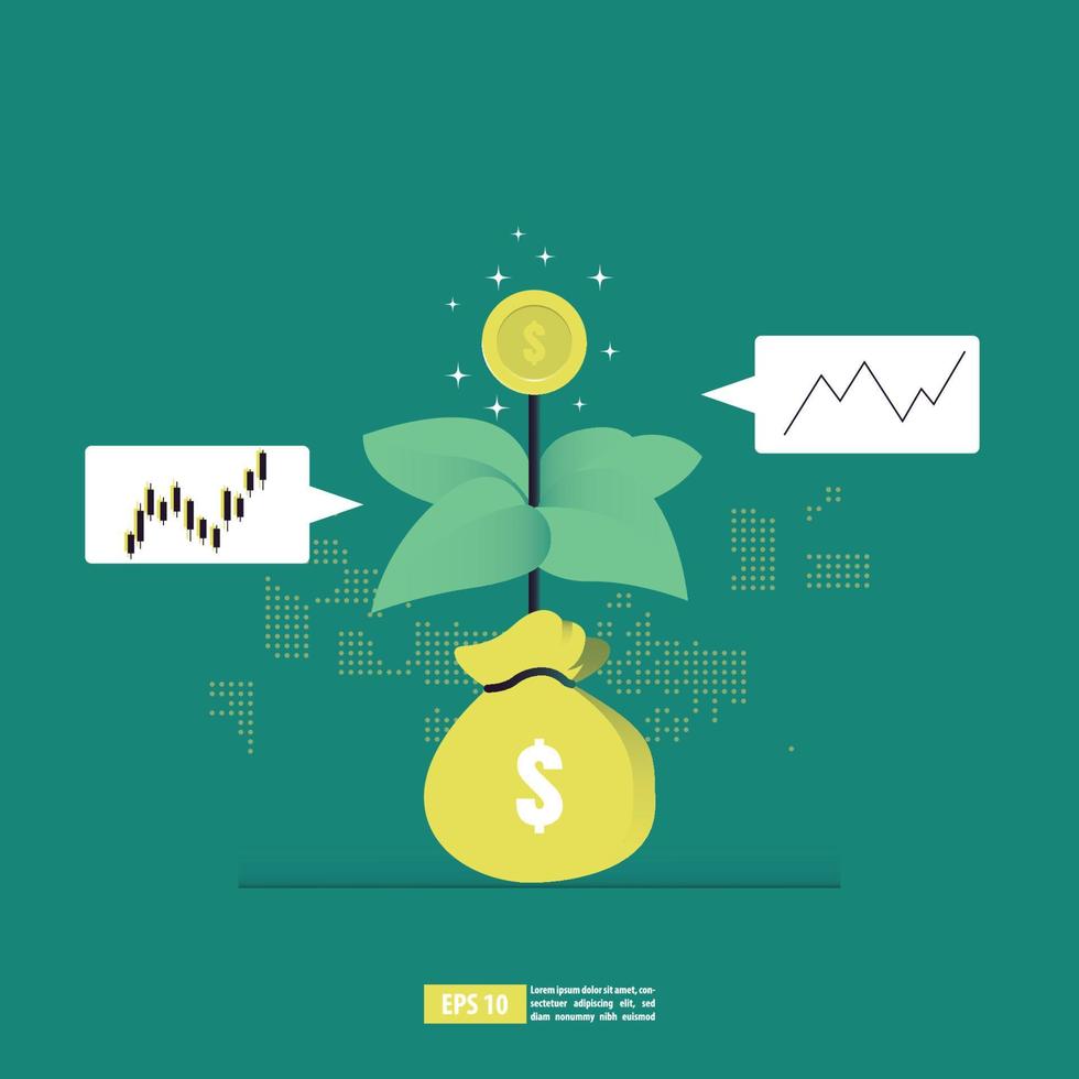 retorno sobre o conceito de investimento, gráfico e gráfico roi, negócios, lucro e sucesso. árvore de dinheiro crescente, moedas de ouro nos galhos. símbolo de riqueza. ilustração vetorial de estilo simples vetor