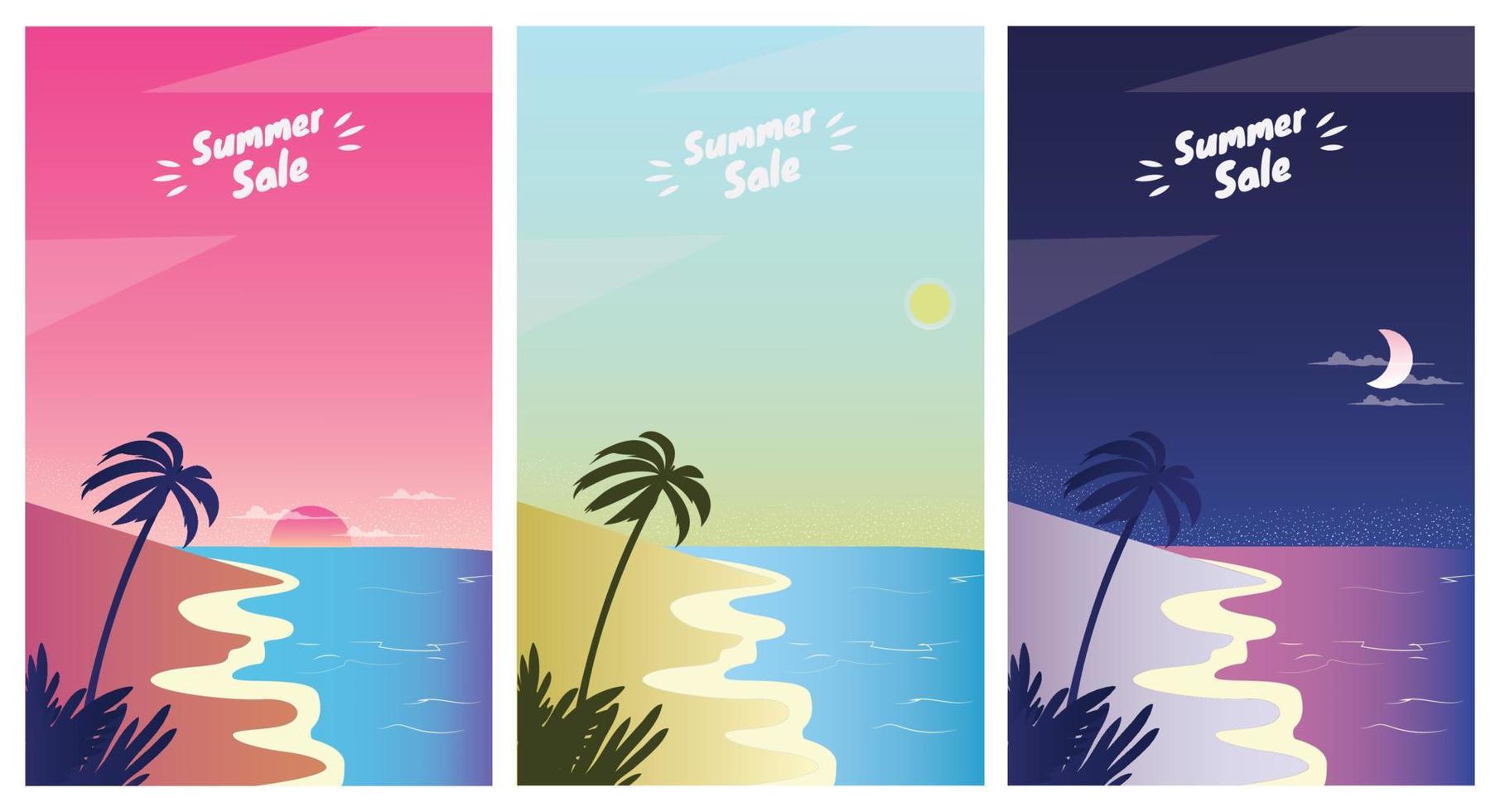 paisagem de praia de verão ao nascer do sol, pôr do sol e noite. ilustração em vetor modelo de conjunto de banners de temporada de venda de verão
