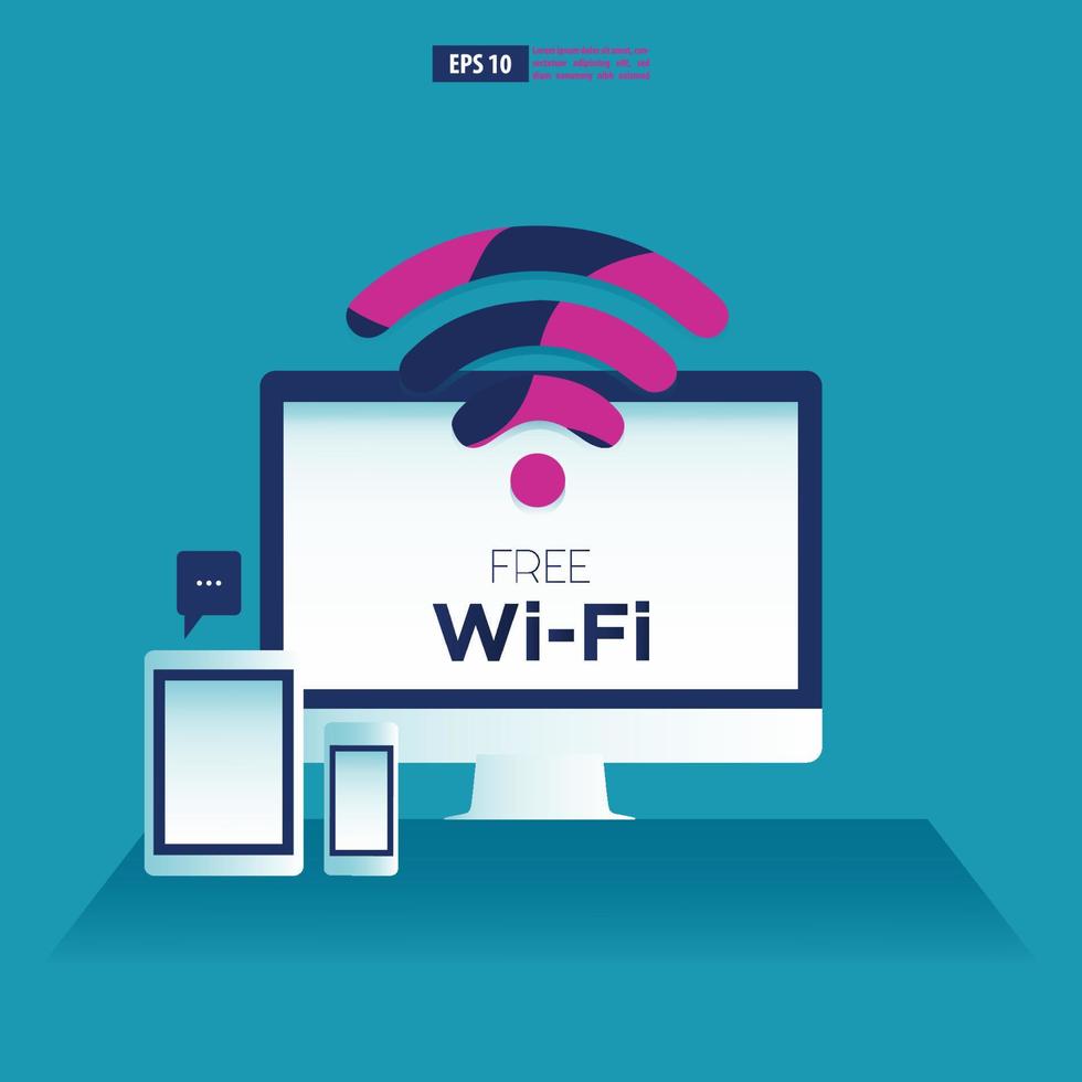 dispositivos de computador, tablets e smartphones com símbolo wi-fi gratuito. ilustração vetorial de negócios vetor
