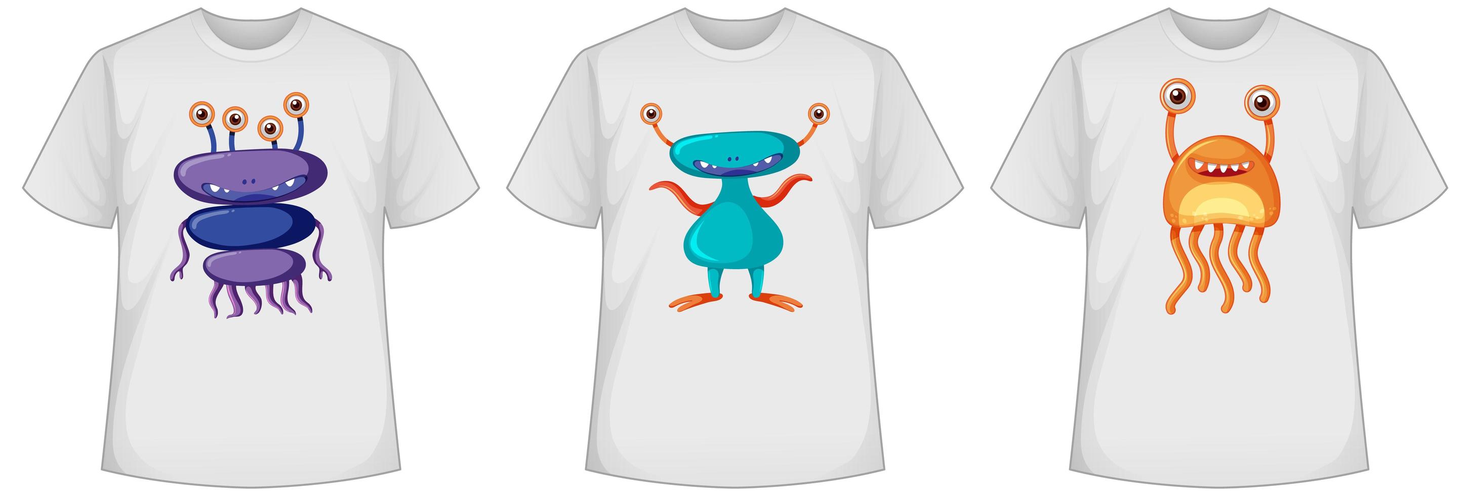 conjunto de monstros fofos de cores diferentes ou telas de alienígenas em camisetas vetor
