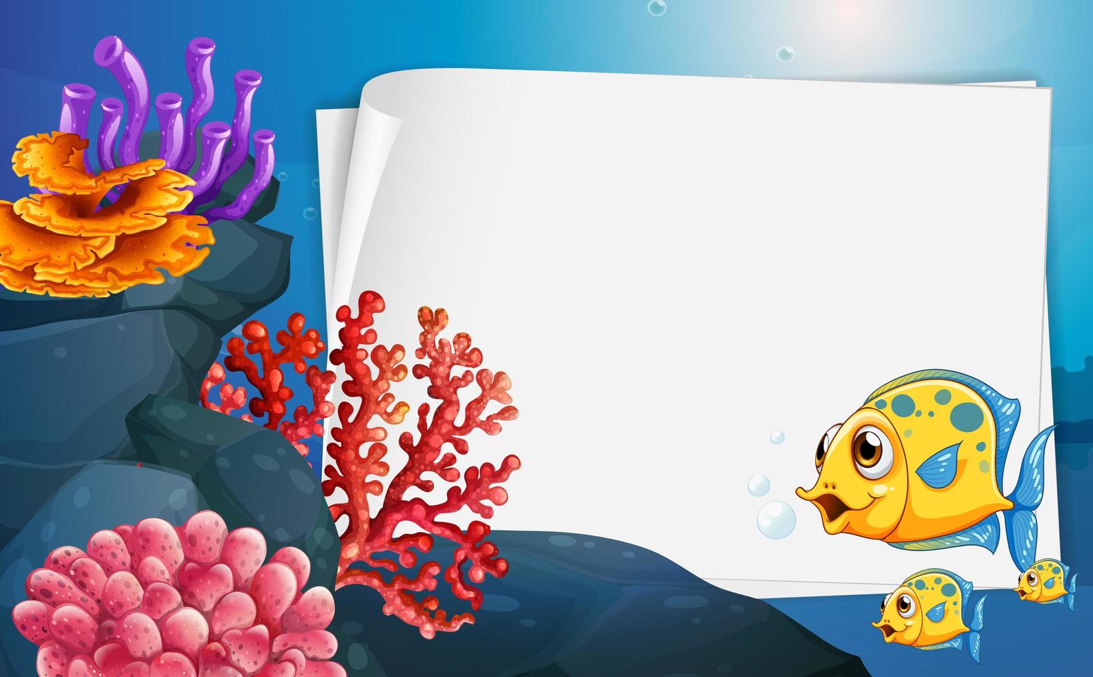 banner de papel em branco com peixes exóticos e elementos da natureza submarina no fundo subaquático vetor