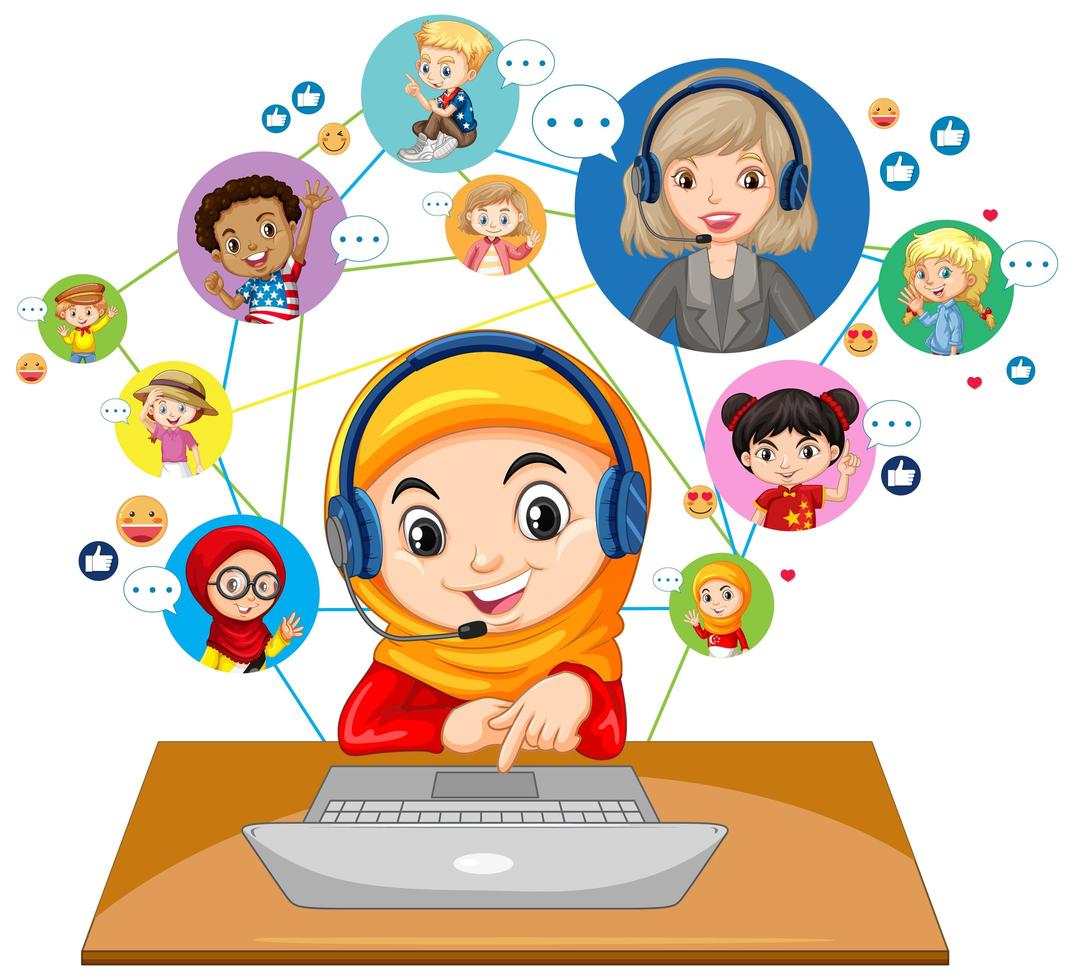 vista frontal de uma garota muçulmana usando laptop para se comunicar por videoconferência com o professor e amigos em fundo branco vetor
