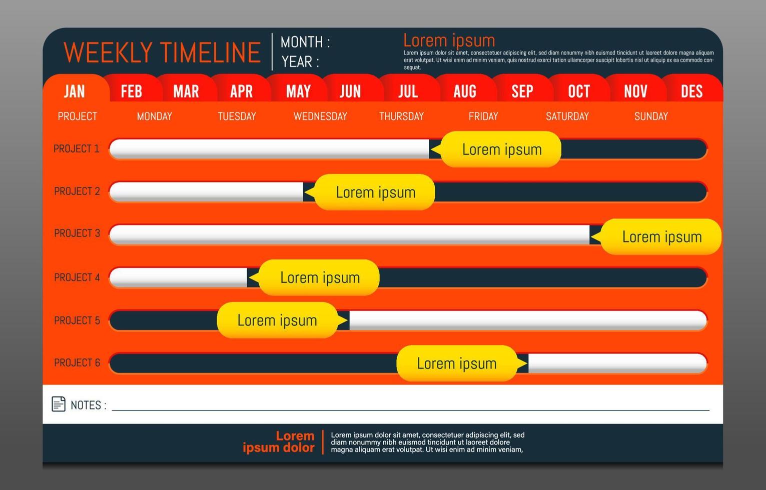 modelo de calendário de projeto de cronograma semanal vetor