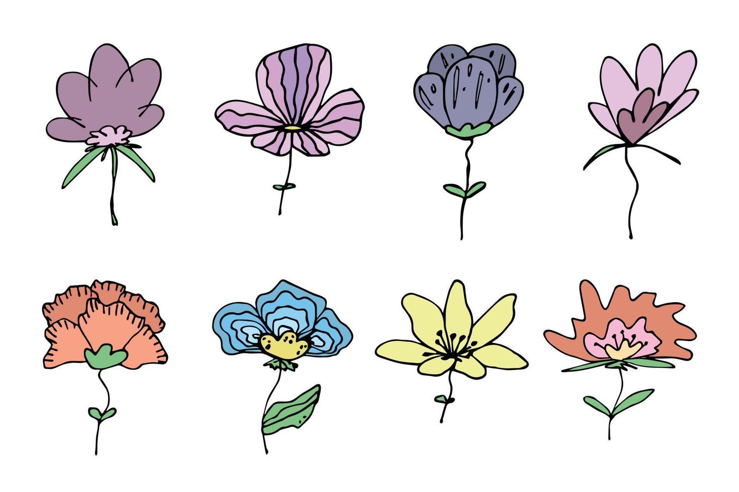 clipart de flores simples. conjunto de doodle floral mão desenhada. para impressão, web, design, decoração, logotipo vetor