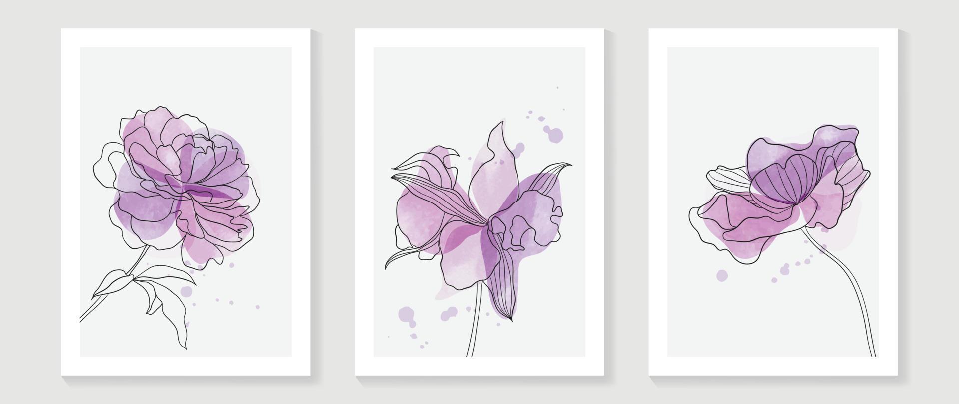 Conjunto de vetores abstratos florais e botânicos de arte de parede em aquarela. arte de linha de flor botânica com fundo pintado de cor vibrante. design de natureza minimalista para decoração de casa, interior, pôster, capa, banner.