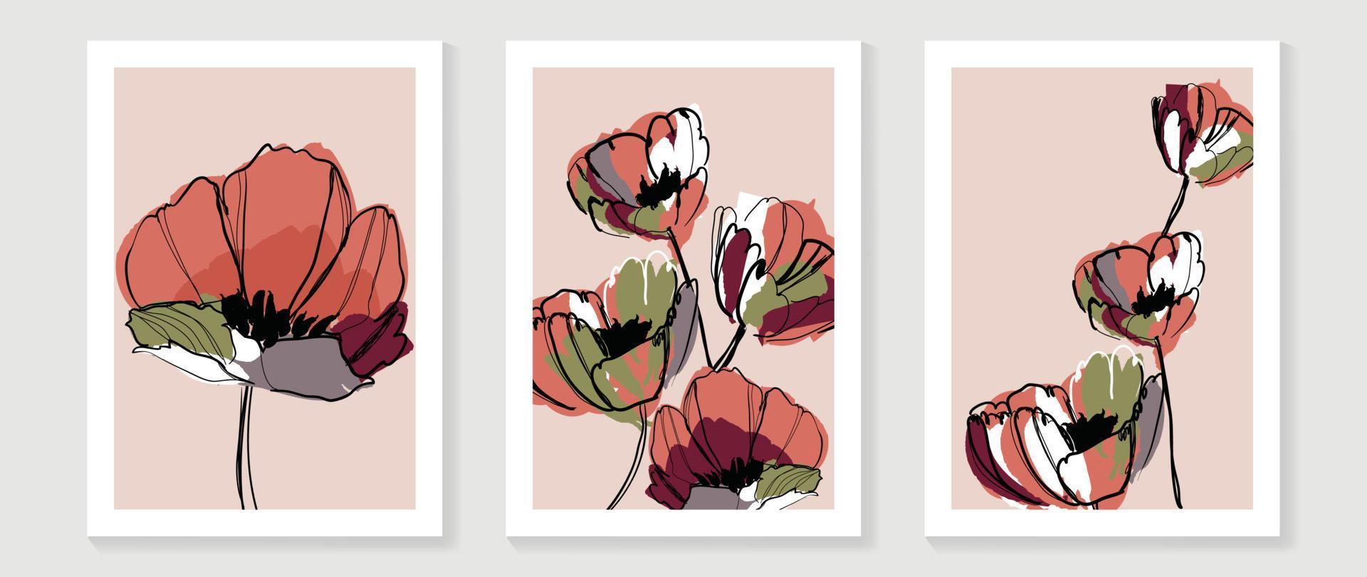 Conjunto de vetores abstratos florais e botânicos de arte de parede em aquarela. arte de linha de flor botânica pintada à mão e cor de tom de terra. design de natureza minimalista para decoração de casa, interior, pôster, capa, banner.