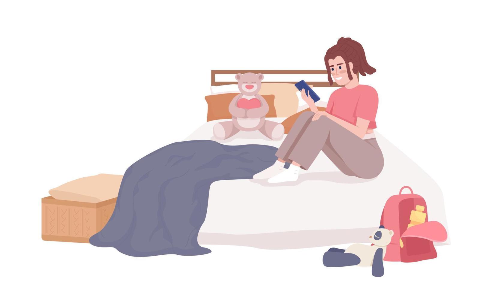 adolescente com telefone relaxando na cama personagem de vetor de cor semiplana. figura editável. pessoa de corpo inteiro em branco. ilustração simples de estilo cartoon para web design gráfico e animação