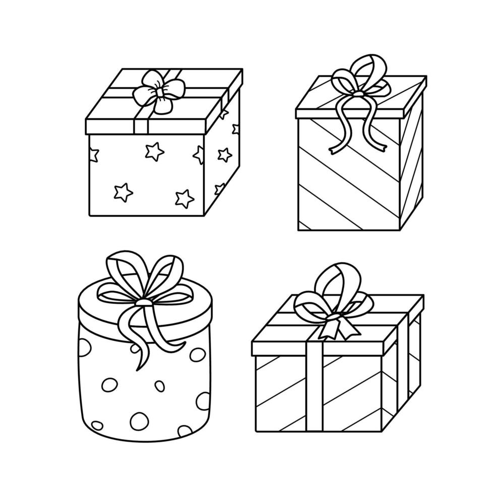 ícones de presentes com arcos. vetor doodle elementos papel de embrulho. um conjunto de embrulho de caixas de presente para o feriado. isolar em uma ilustração de fundo branco.
