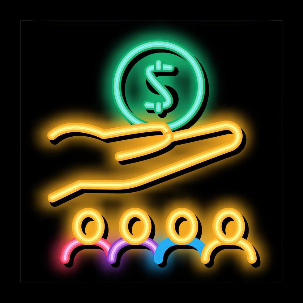 mão segurando o dinheiro acima da ilustração do ícone de brilho neon humano vetor