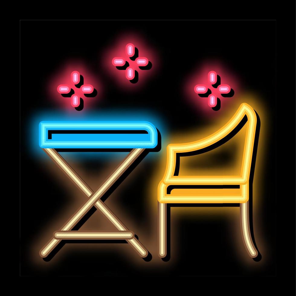 ilustração de ícone de brilho neon de mesa e cadeira vetor