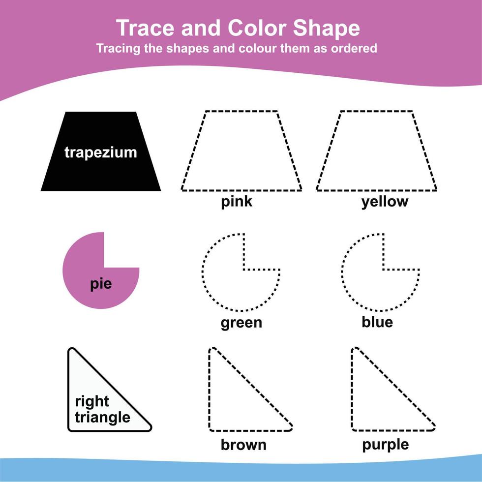 atividade de traçar e colorir para crianças. exercício para as crianças reconhecerem cores e formas. planilha educacional para pré-escola. arquivo vetorial. vetor