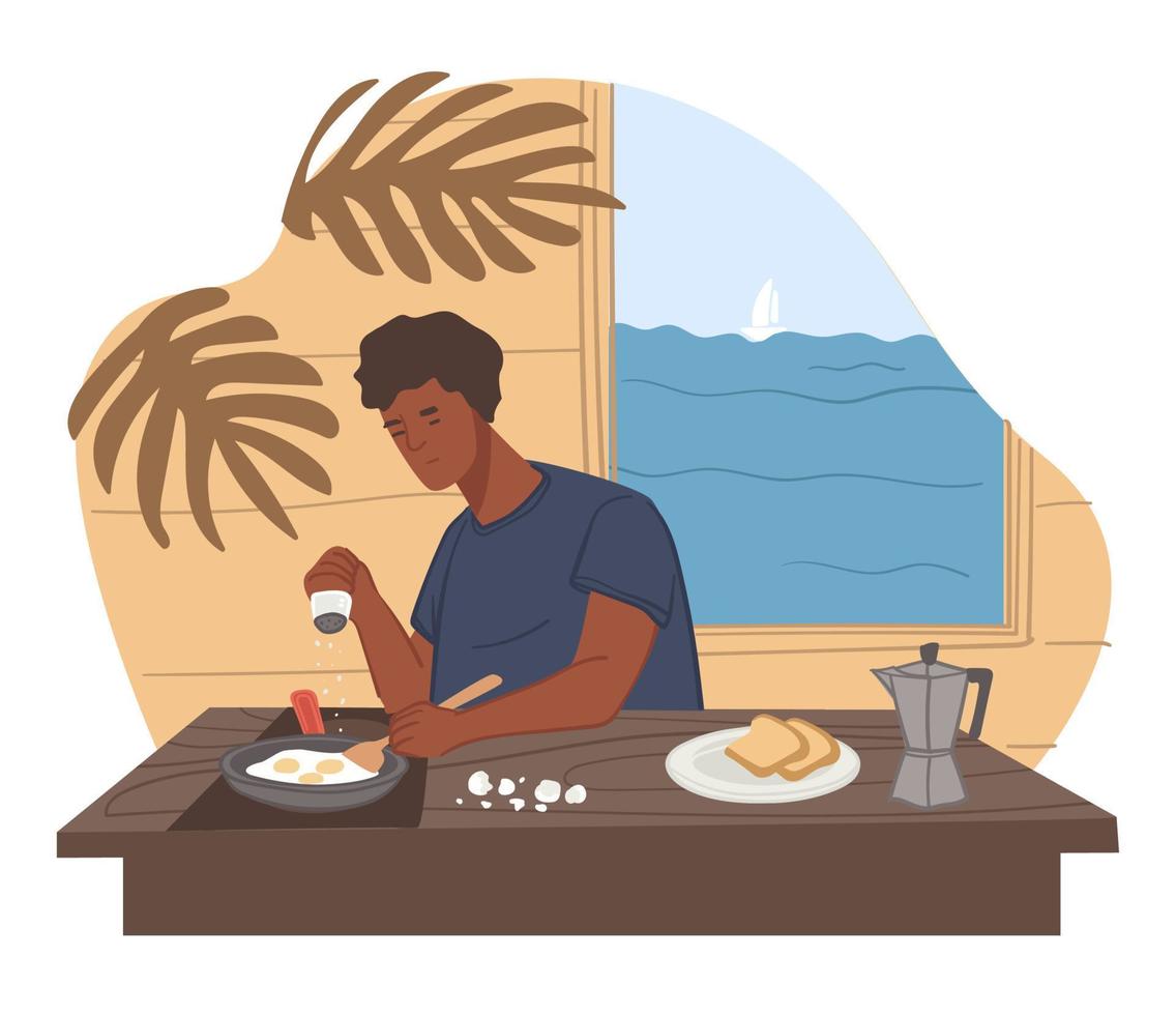 personagem masculino cozinhando, fritando ovos em casa vetor