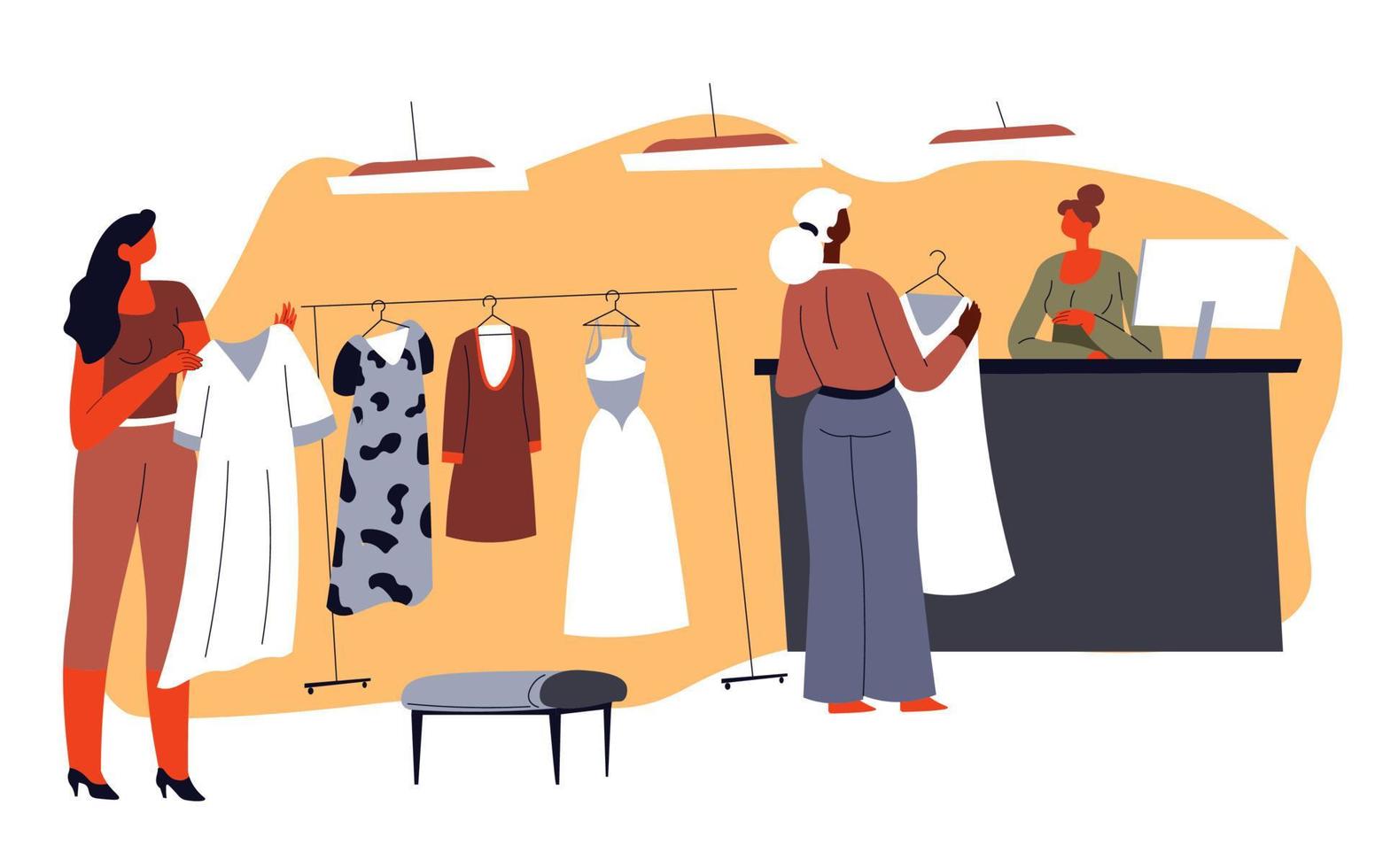 personagem feminina escolhendo roupas em shopping vetor
