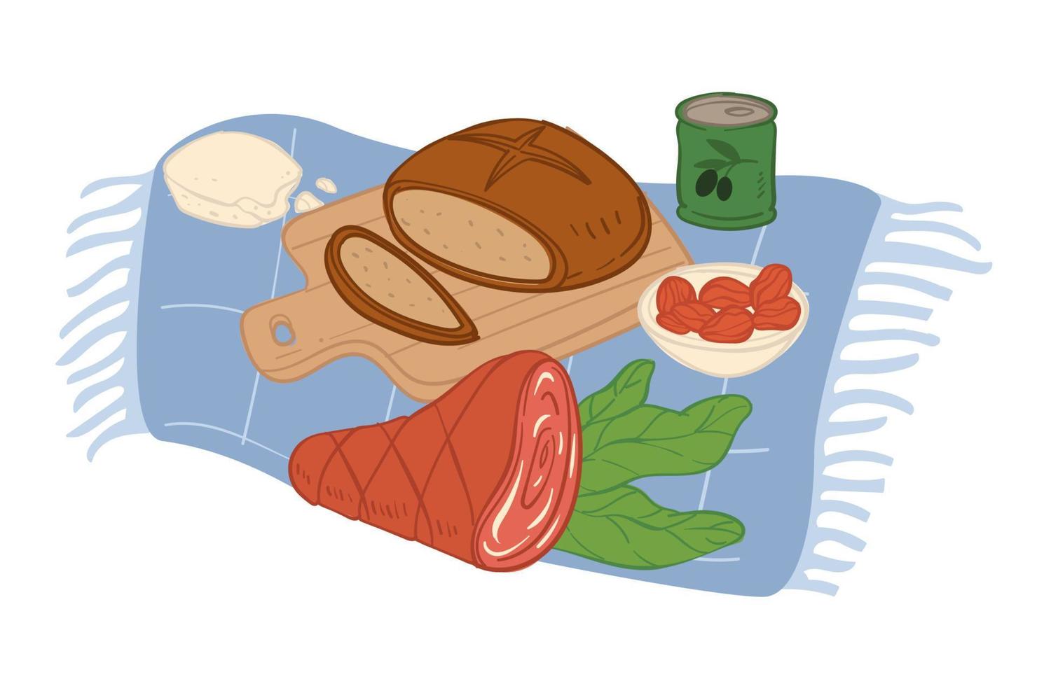 refeição servida rústica, pão e carne no cobertor vetor