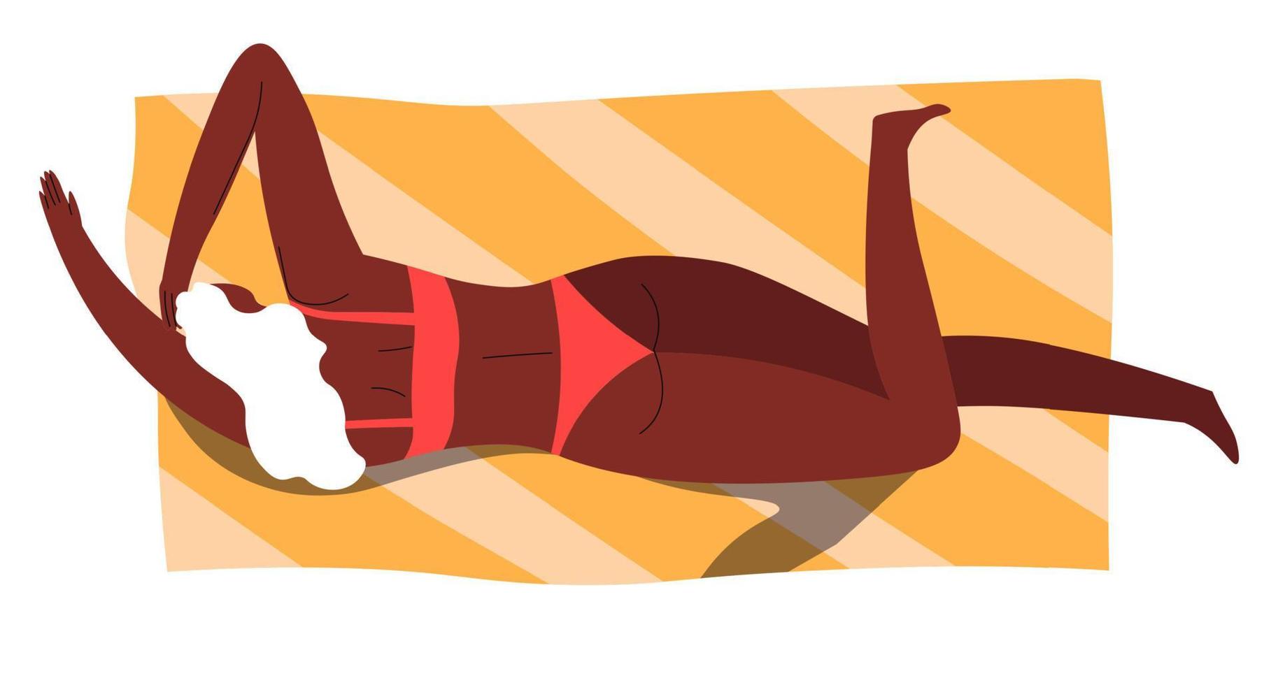 mulher deitada no cobertor tomando banho de sol nos feriados vetor