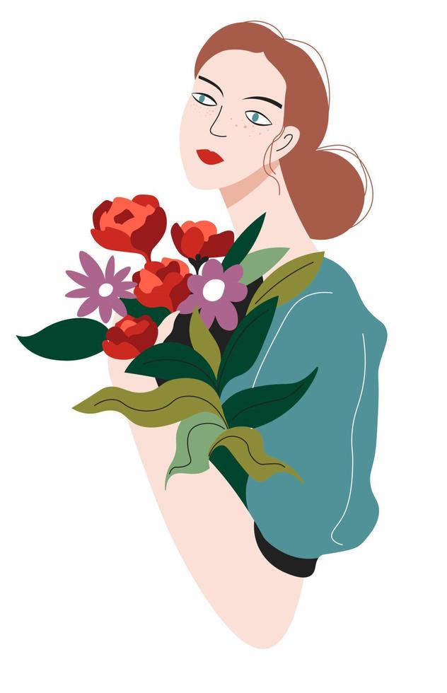 personagem feminina pensativa com buquê de flores vetor