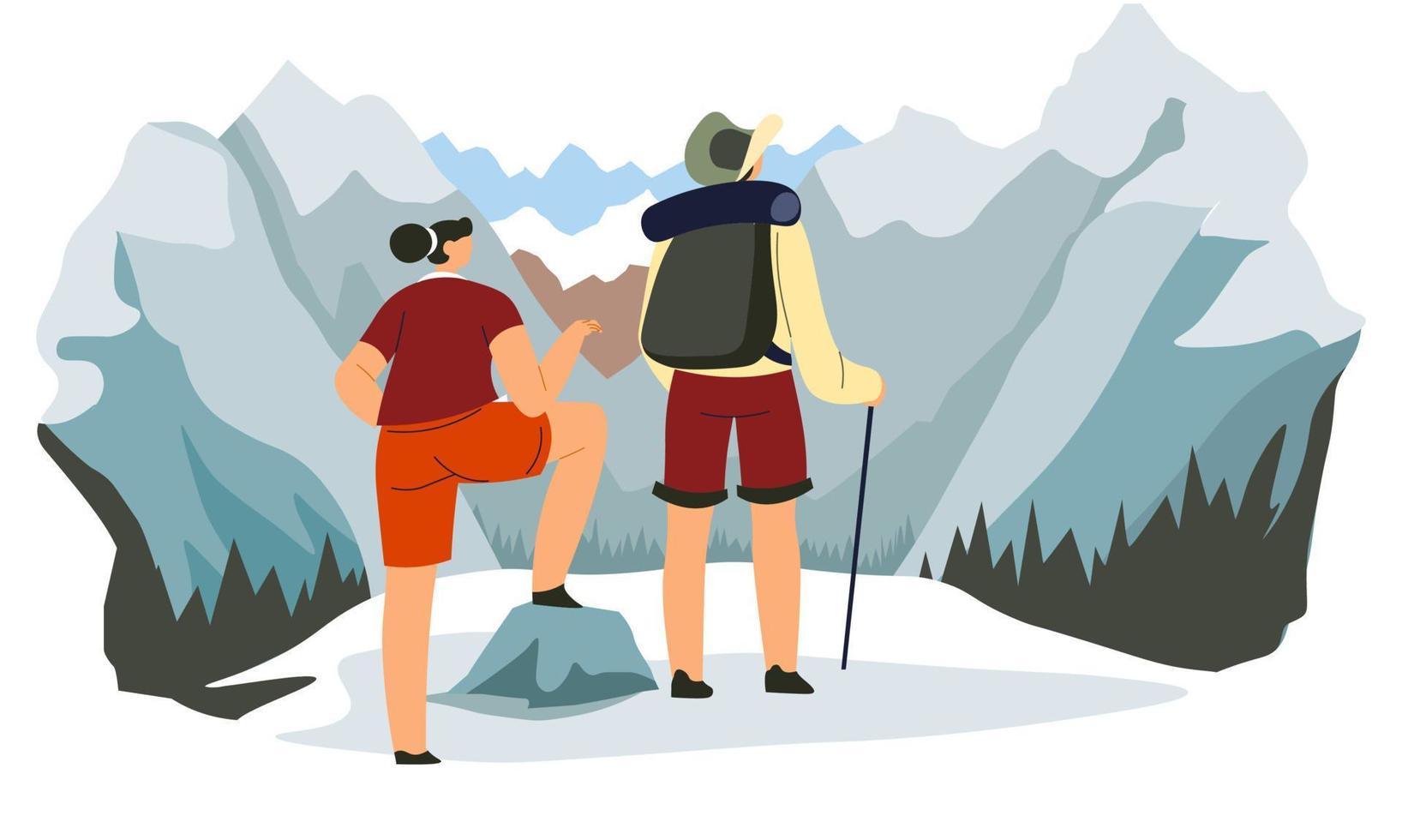 homem e mulher viajando em pé no topo das montanhas vetor