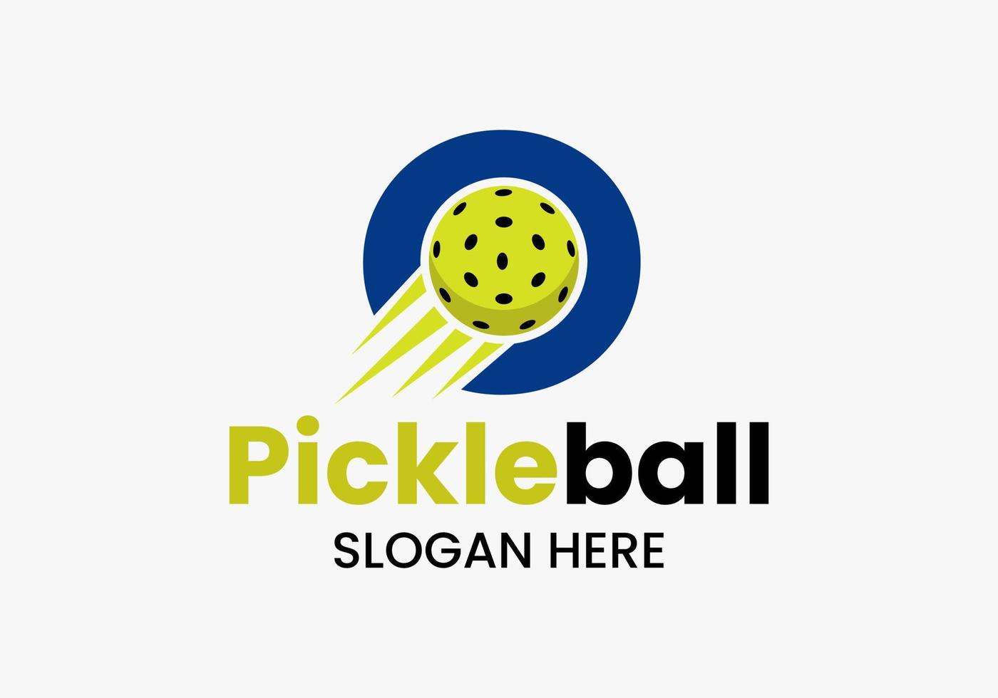 letra o conceito de logotipo pickleball com símbolo de pickleball em movimento. modelo de vetor de logotipo de bola de picles