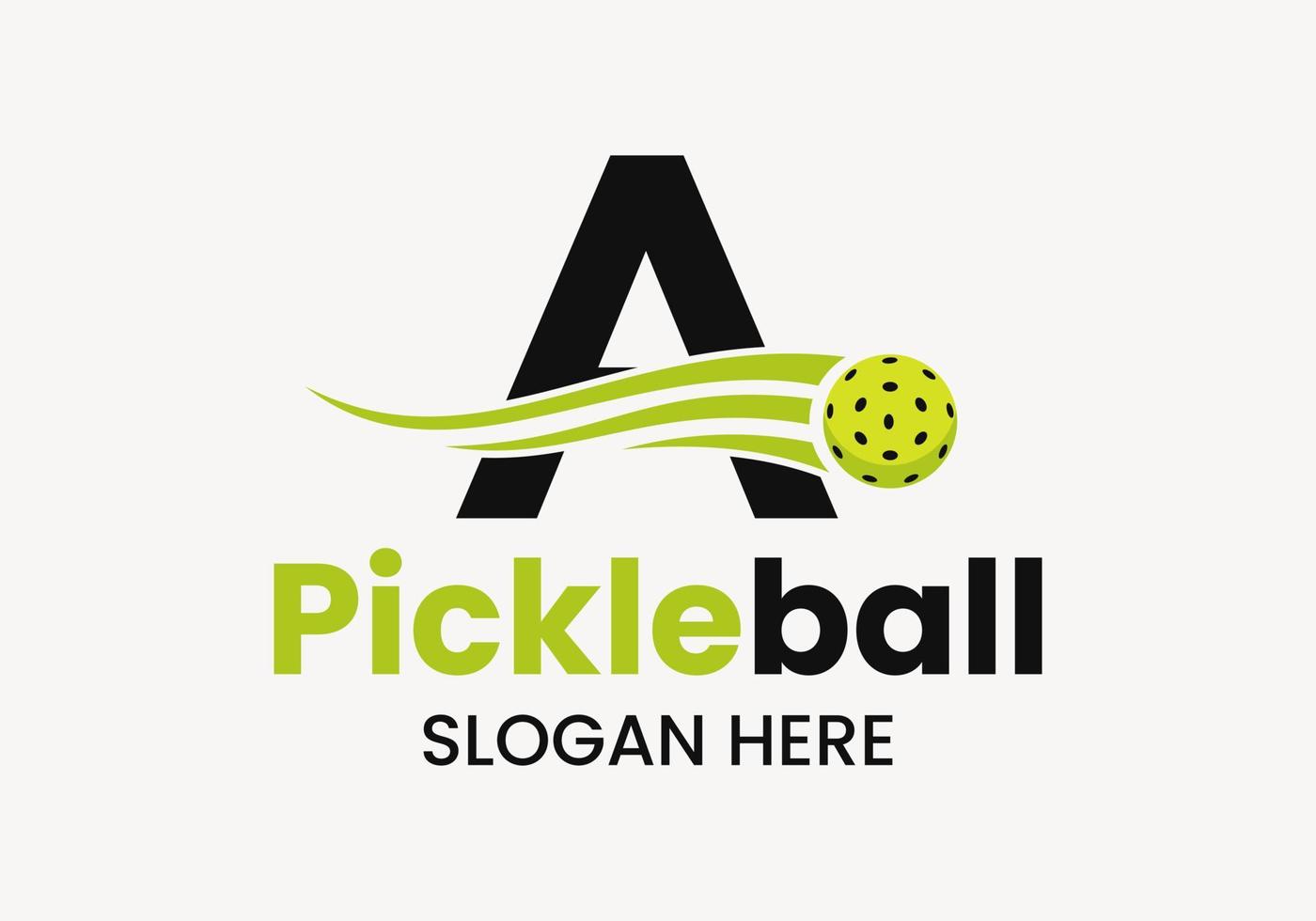 escreva um conceito de logotipo de pickleball com símbolo de pickleball em movimento. modelo de vetor de logotipo de bola de picles