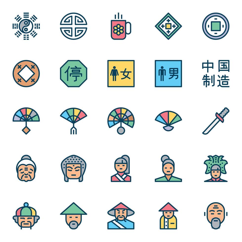 ícones de contorno de cor preenchidos para a cultura chinesa. vetor
