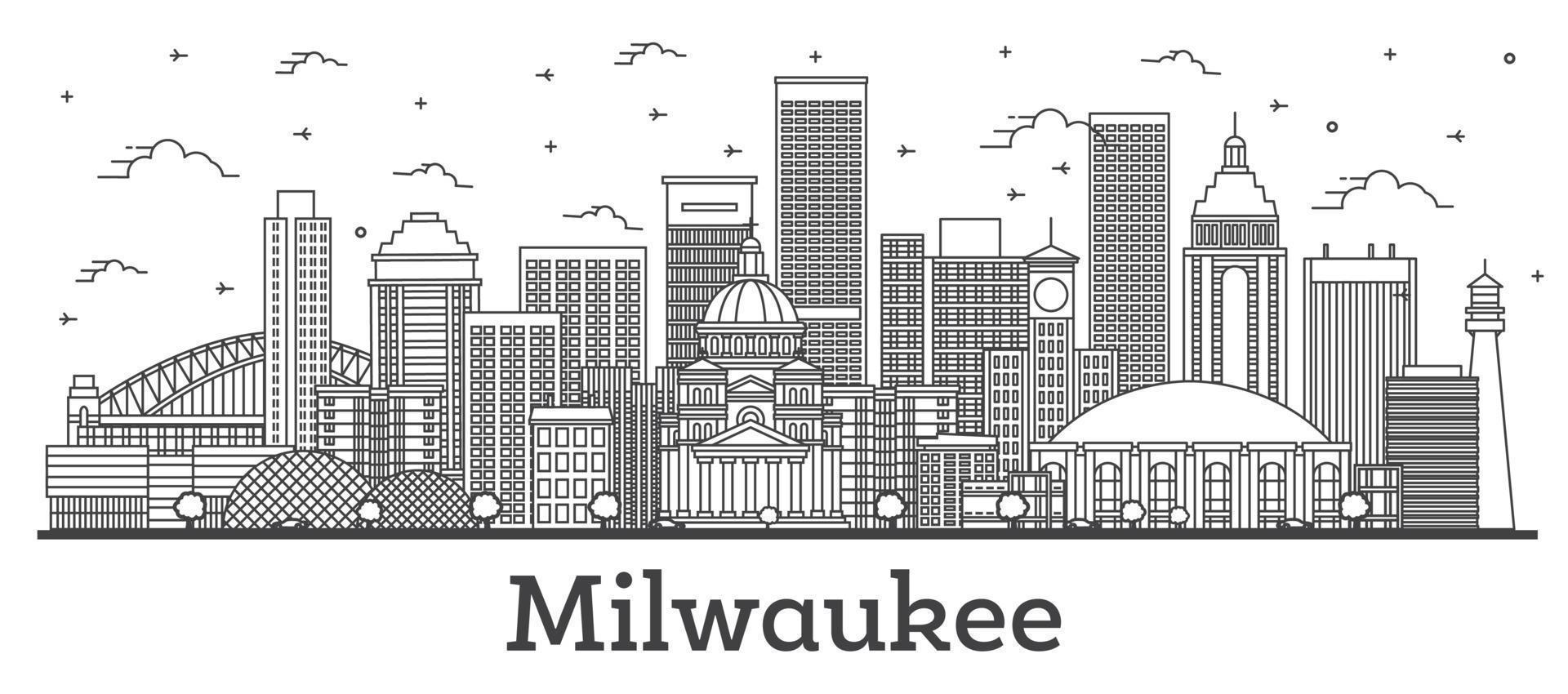 delinear o horizonte da cidade de milwaukee wisconsin com edifícios modernos isolados no branco. vetor