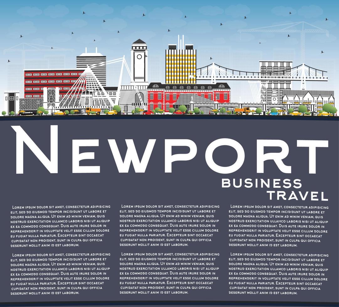 Horizonte da cidade de newport wales com edifícios coloridos, céu azul e espaço de cópia. vetor