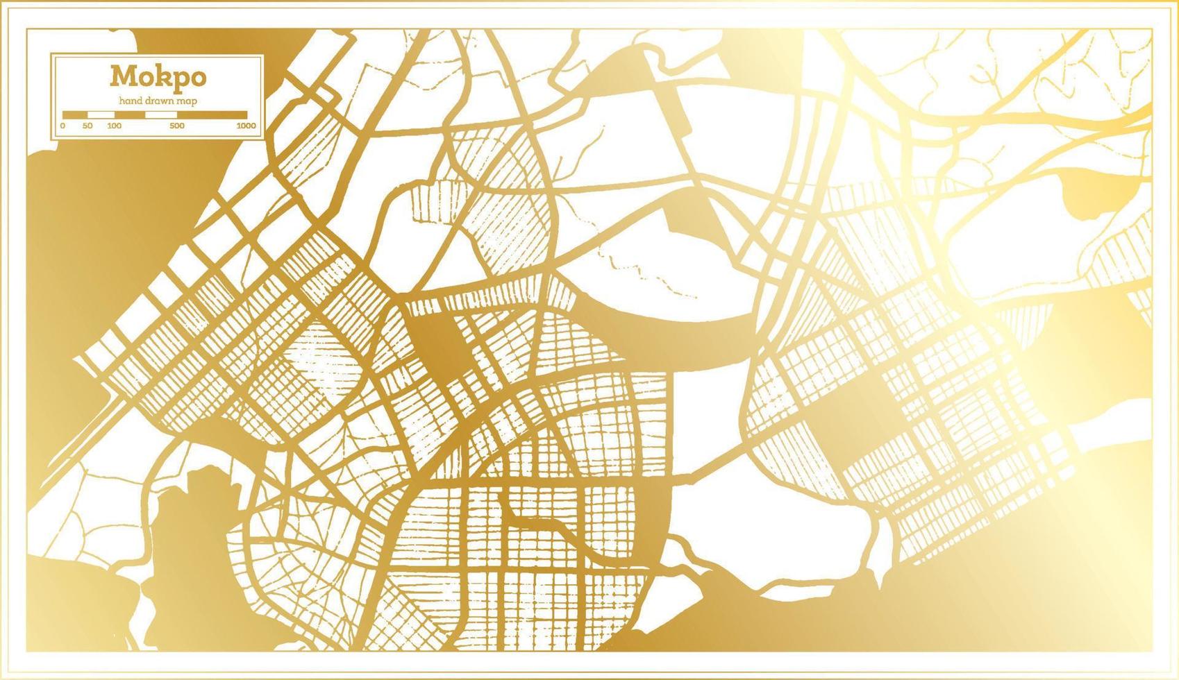 mapa da cidade de mokpo coreia do sul em estilo retrô na cor dourada. mapa de contorno. vetor