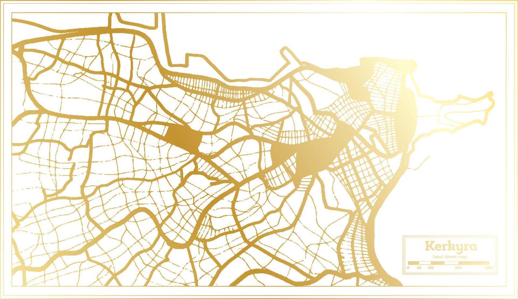 mapa da cidade de kerkyra grécia em estilo retrô na cor dourada. mapa de contorno. vetor