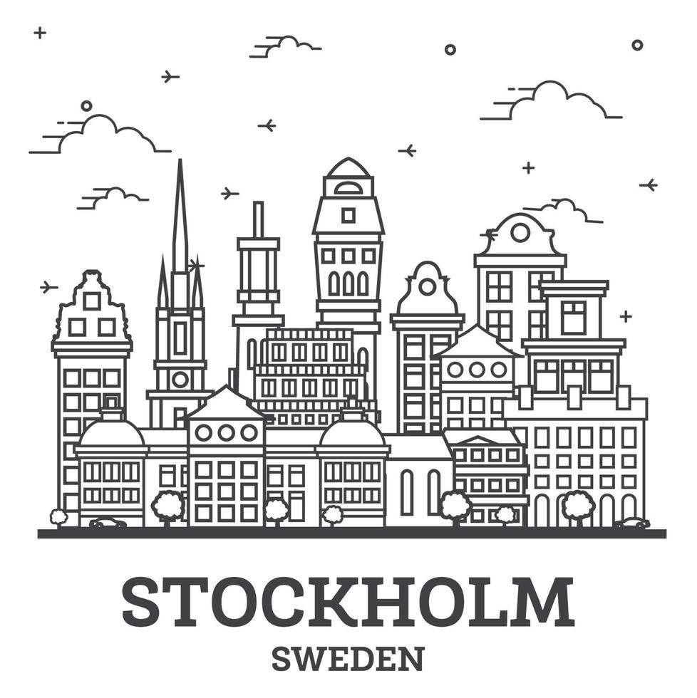 Esboce o horizonte da cidade de Estocolmo Suécia com edifícios históricos isolados no branco. vetor