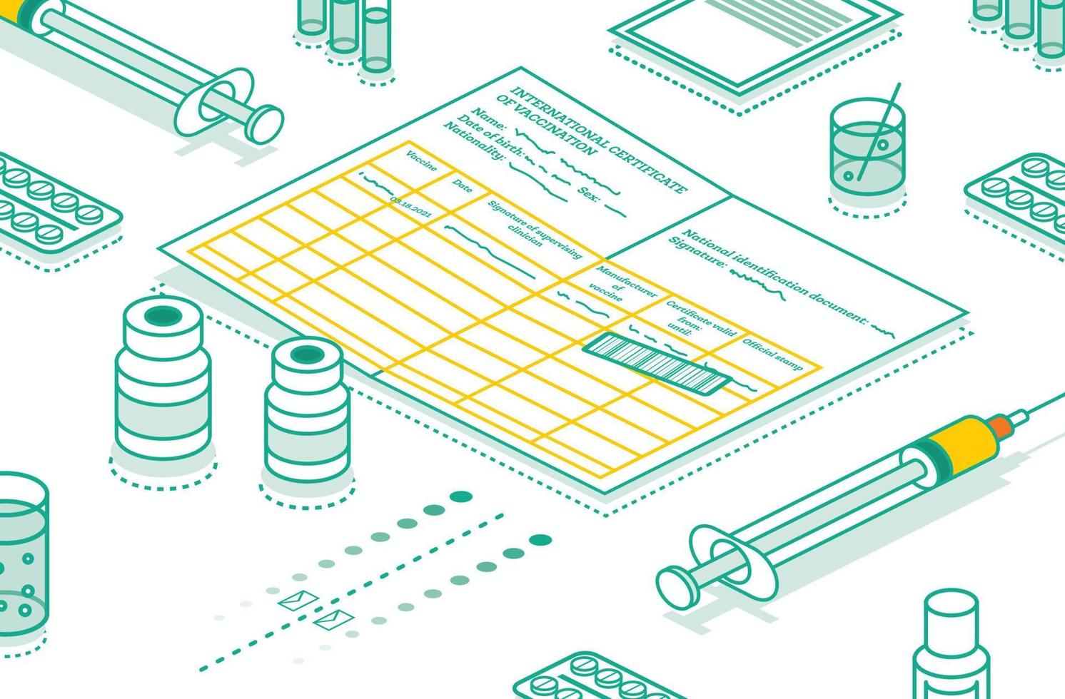 certificado internacional de vacinação - coronavírus covid-19. conceito de contorno isométrico com seringa e frasco de vacina vetor