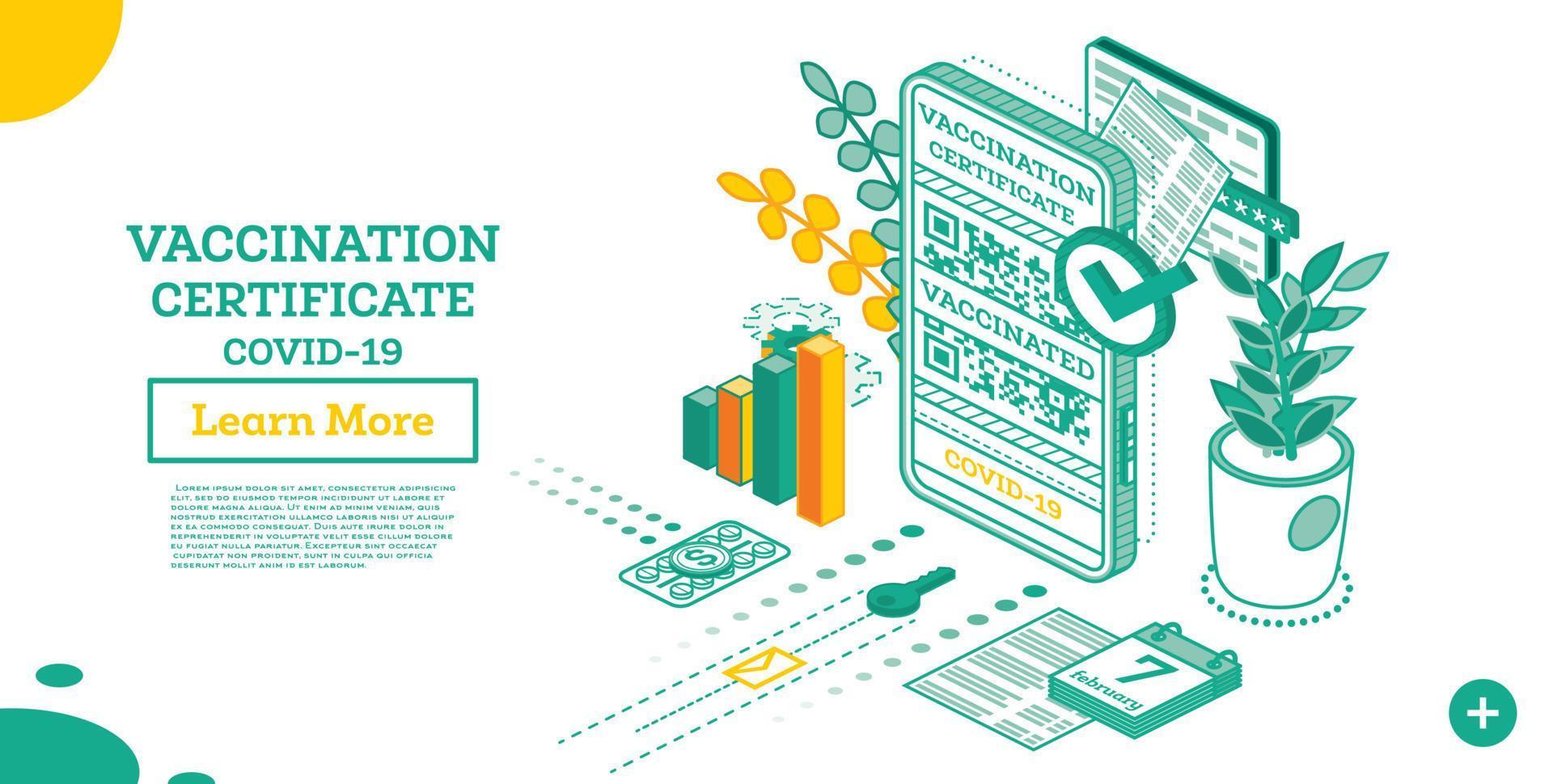 certificado de vacinação na tela do smartphone. certificado internacional isométrico de imunização. vetor
