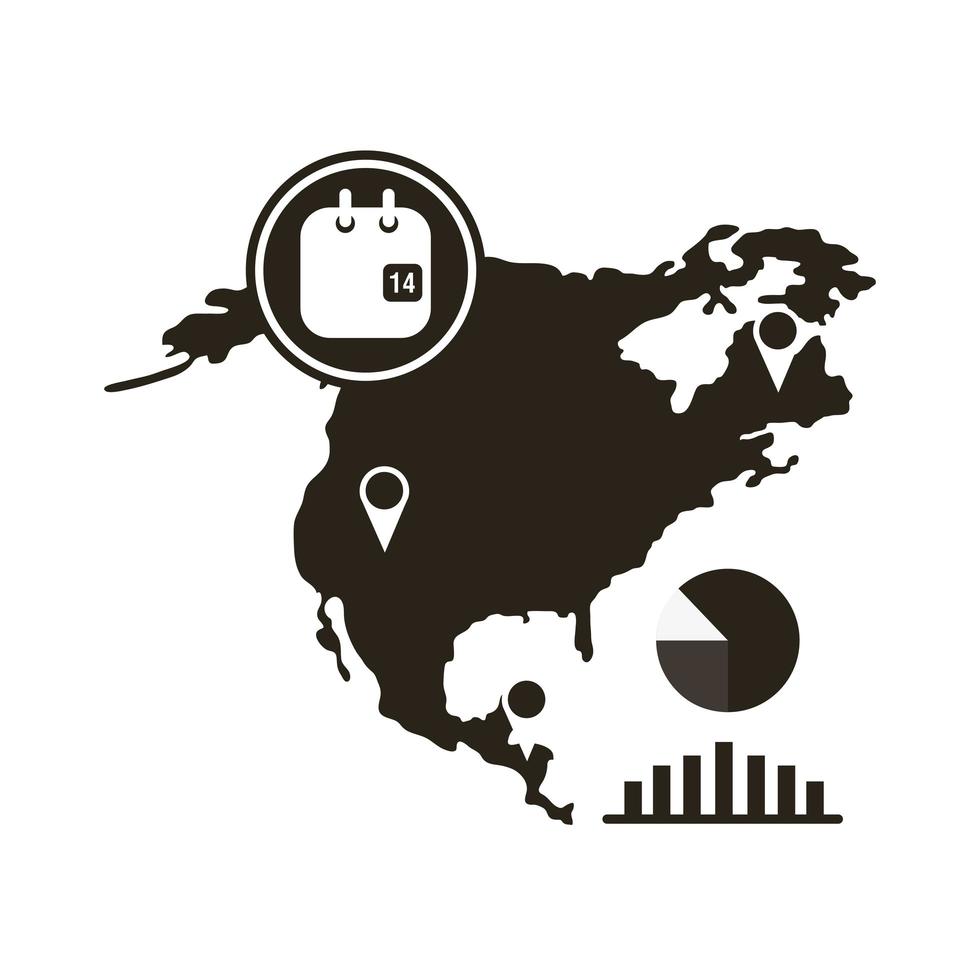 Mapa da América do Norte com ícone do infográfico de coronavírus vetor