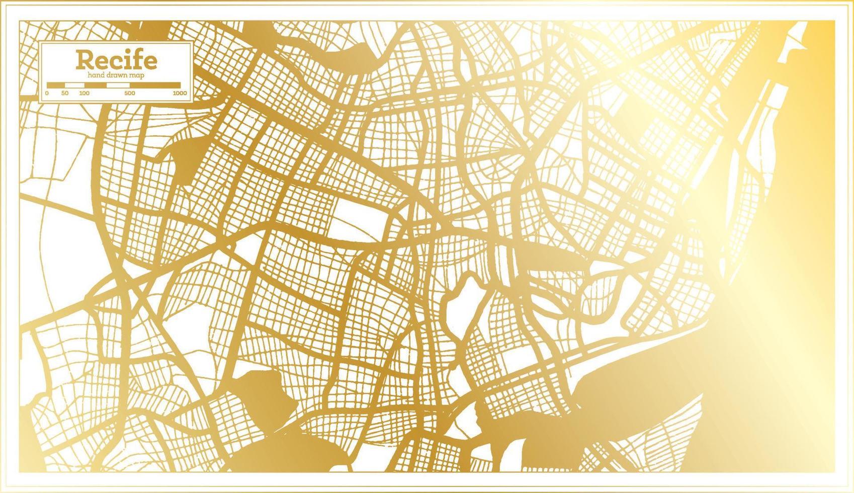 mapa da cidade de recife brasil em estilo retrô na cor dourada. mapa de contorno. vetor